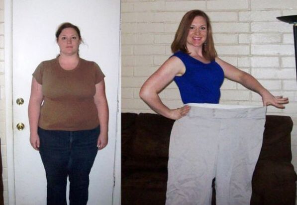 Mujer antes y después de seguir una dieta de bebida. 